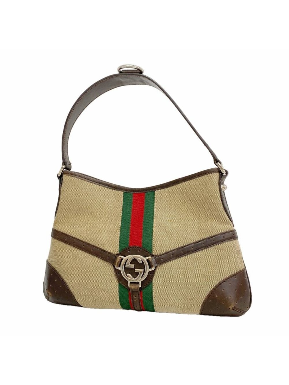 Gucci Shoulder Bag Sherry Line Interlocking G Canvas Beige Brown Silver